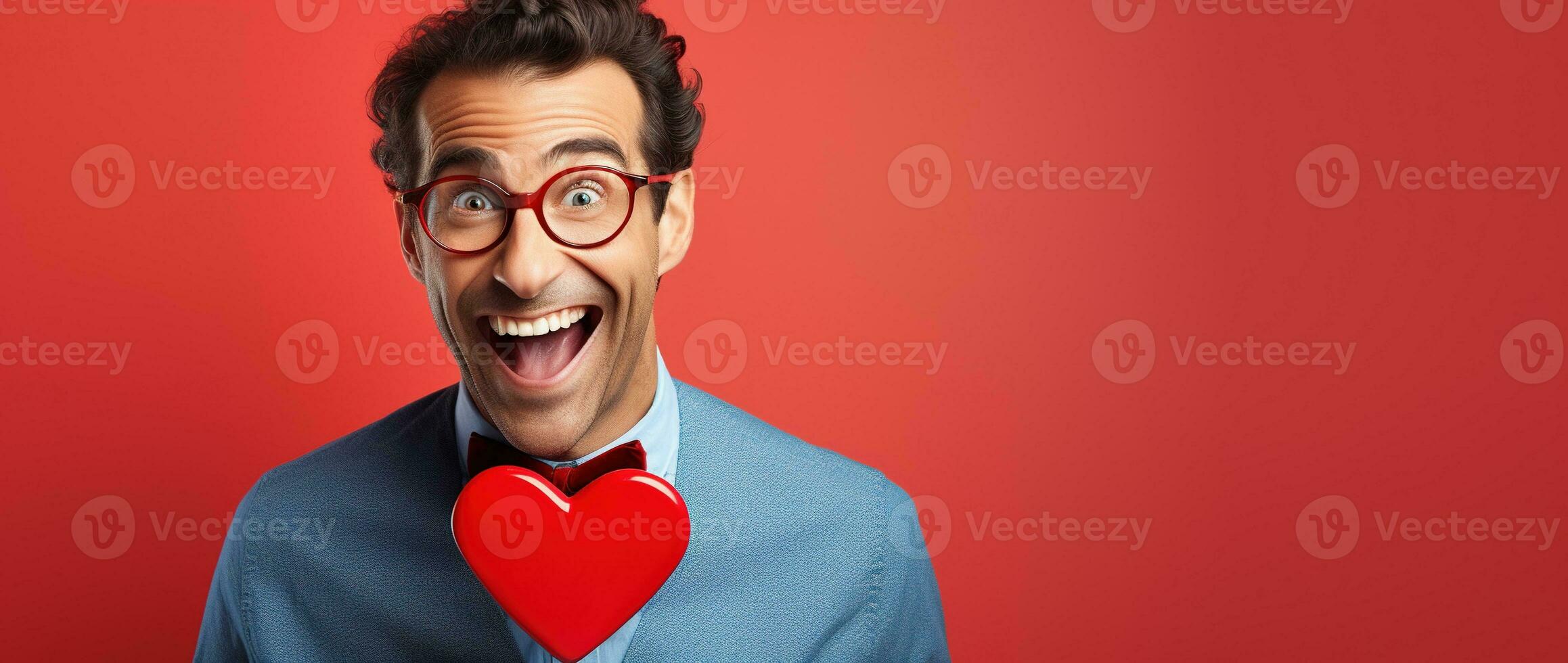 AI generated Portrait of a happy man with a red heart on Valentine's day concept. photo