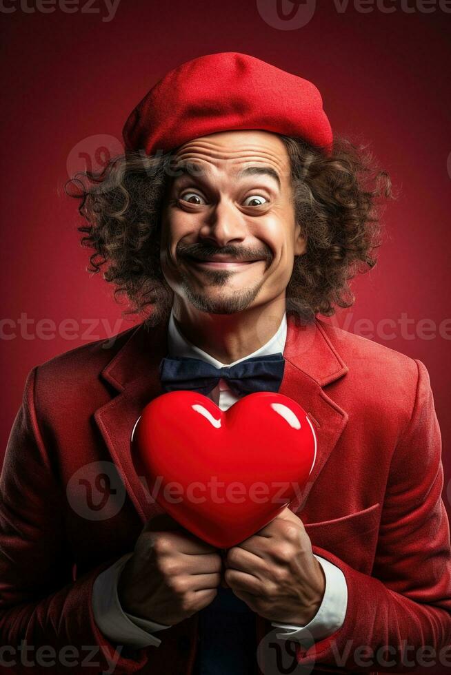 AI generated Portrait of a happy man with a red heart on Valentine's day concept. photo