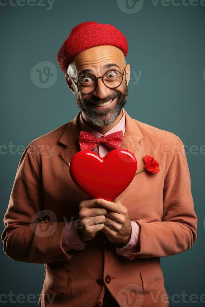 AI generated Portrait of a happy man with a red heart on Valentine's day concept. photo