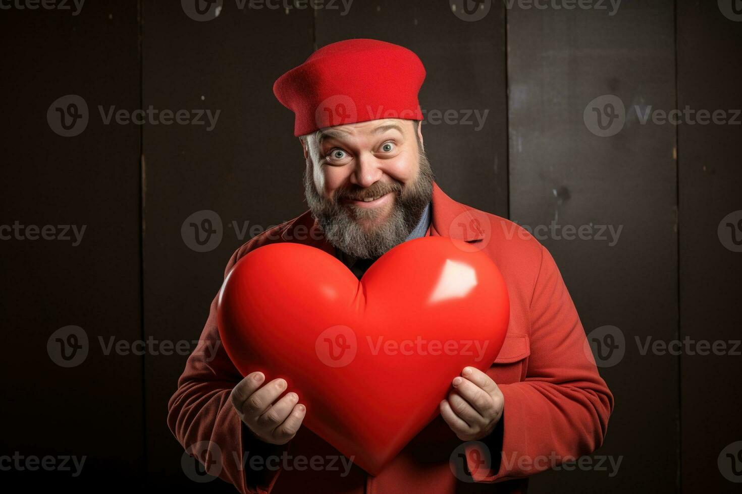 AI generated Portrait of a happy man with a red heart on Valentine's day concept. photo