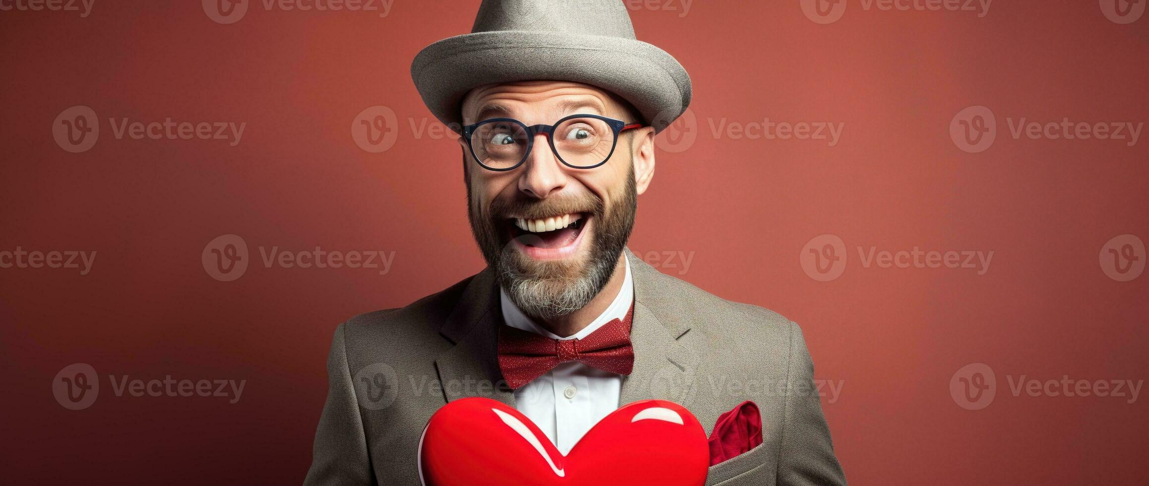 AI generated Portrait of a happy man with a red heart on Valentine's day concept. photo