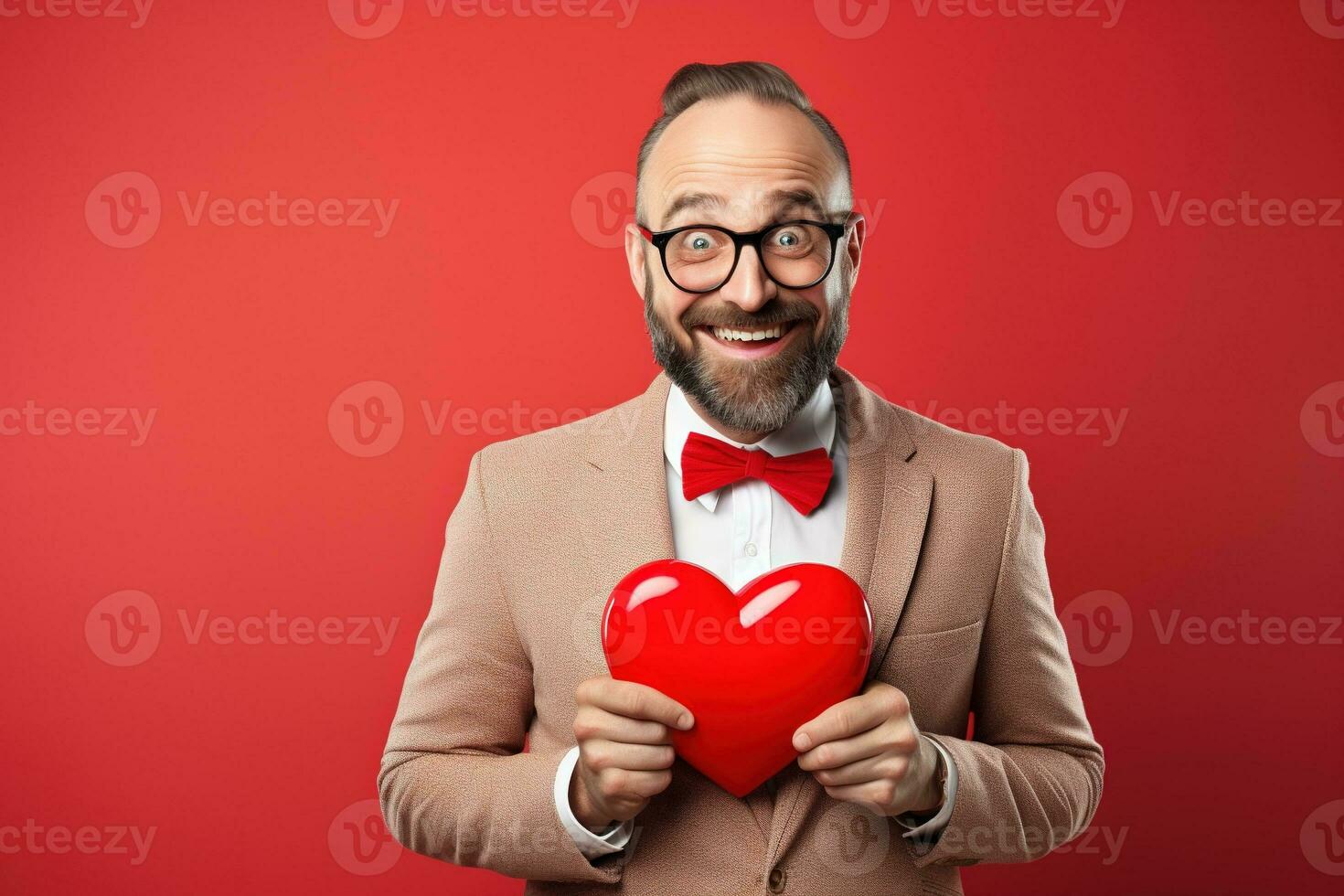 AI generated Portrait of a happy man with a red heart on Valentine's day concept. photo