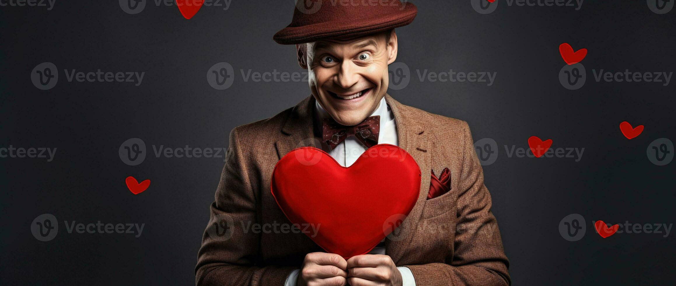 ai generado retrato de un contento hombre con un rojo corazón en San Valentín día concepto. foto