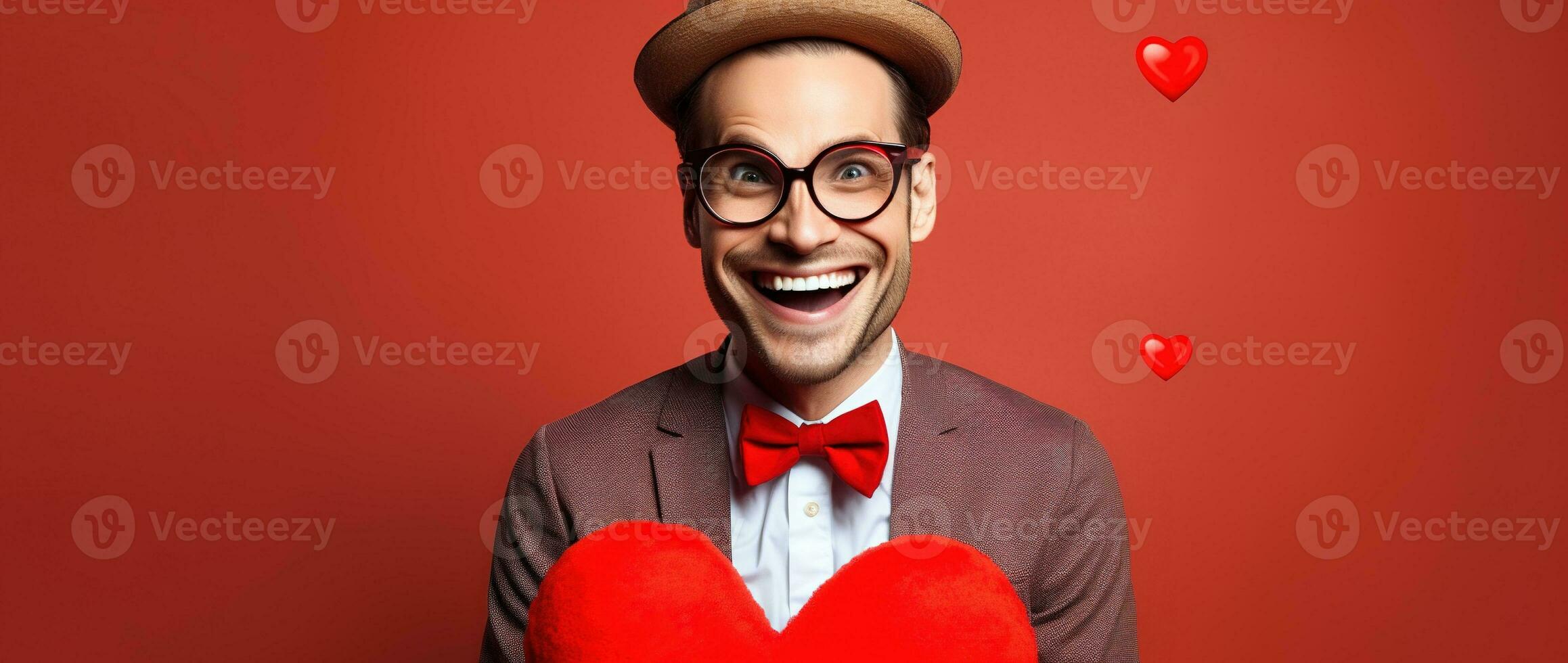 AI generated Portrait of a happy man with a red heart on Valentine's day concept. photo