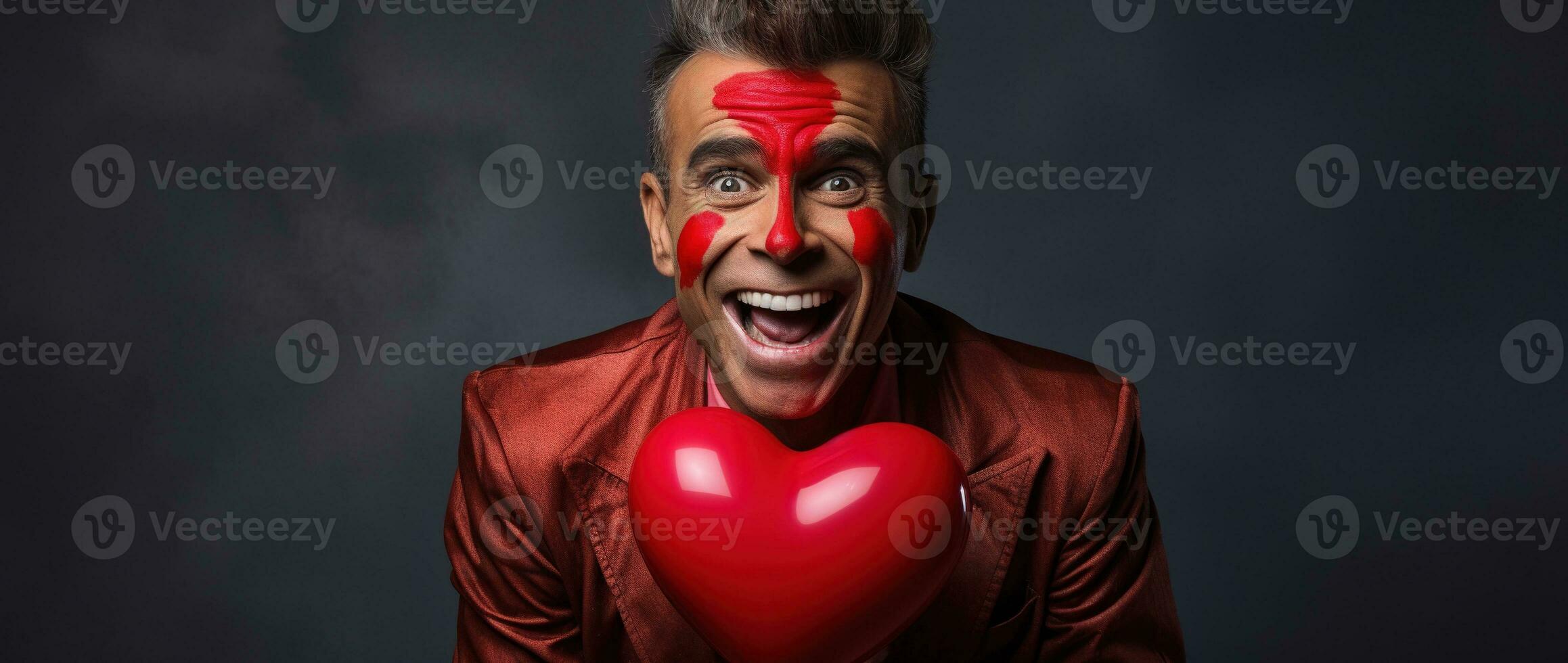 ai generado retrato de un contento hombre con un rojo corazón en San Valentín día concepto. foto