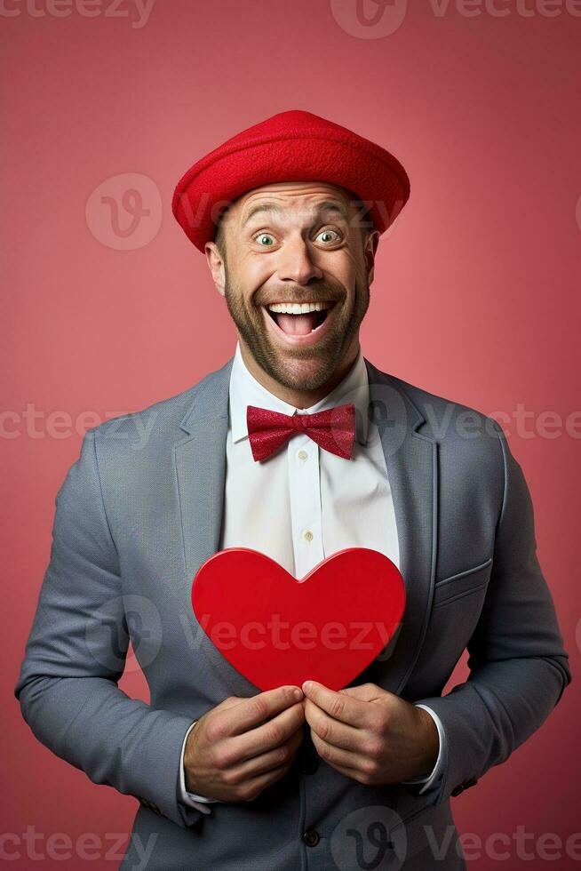 AI generated Portrait of a happy man with a red heart on Valentine's day concept. photo