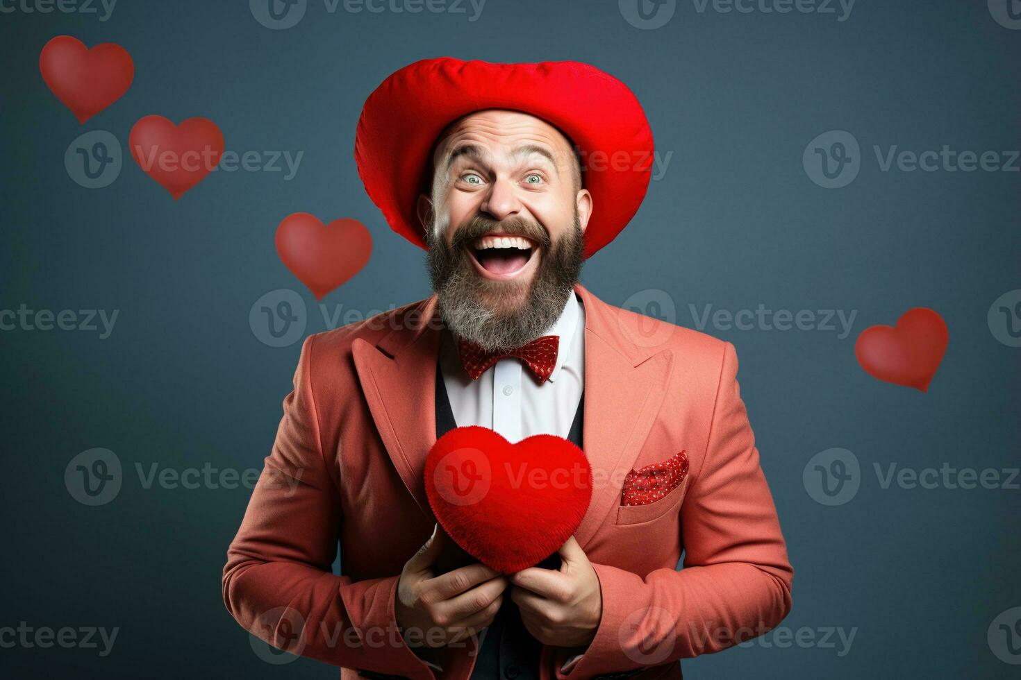 AI generated Portrait of a happy man with a red heart on Valentine's day concept. photo