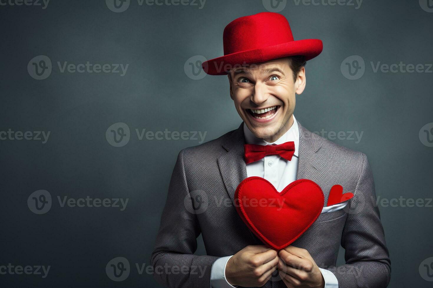 ai generado retrato de un contento hombre con un rojo corazón en San Valentín día concepto. foto