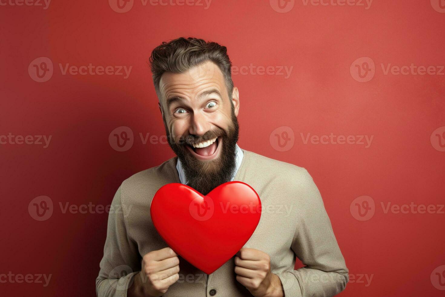 AI generated Portrait of a happy man with a red heart on Valentine's day concept. photo