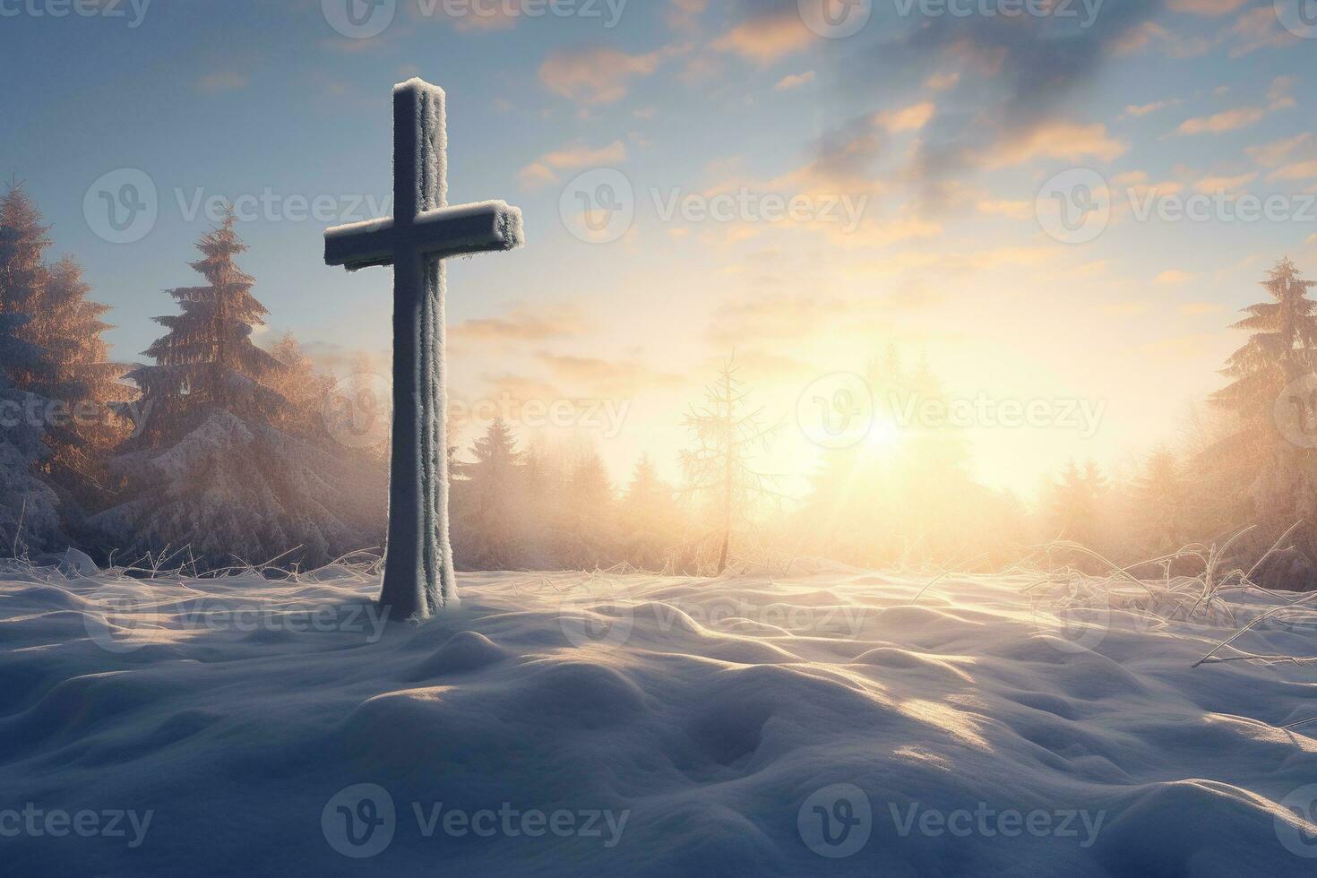 AI generated Cross in the winter forest. Christian cross in the snowy forest. photo