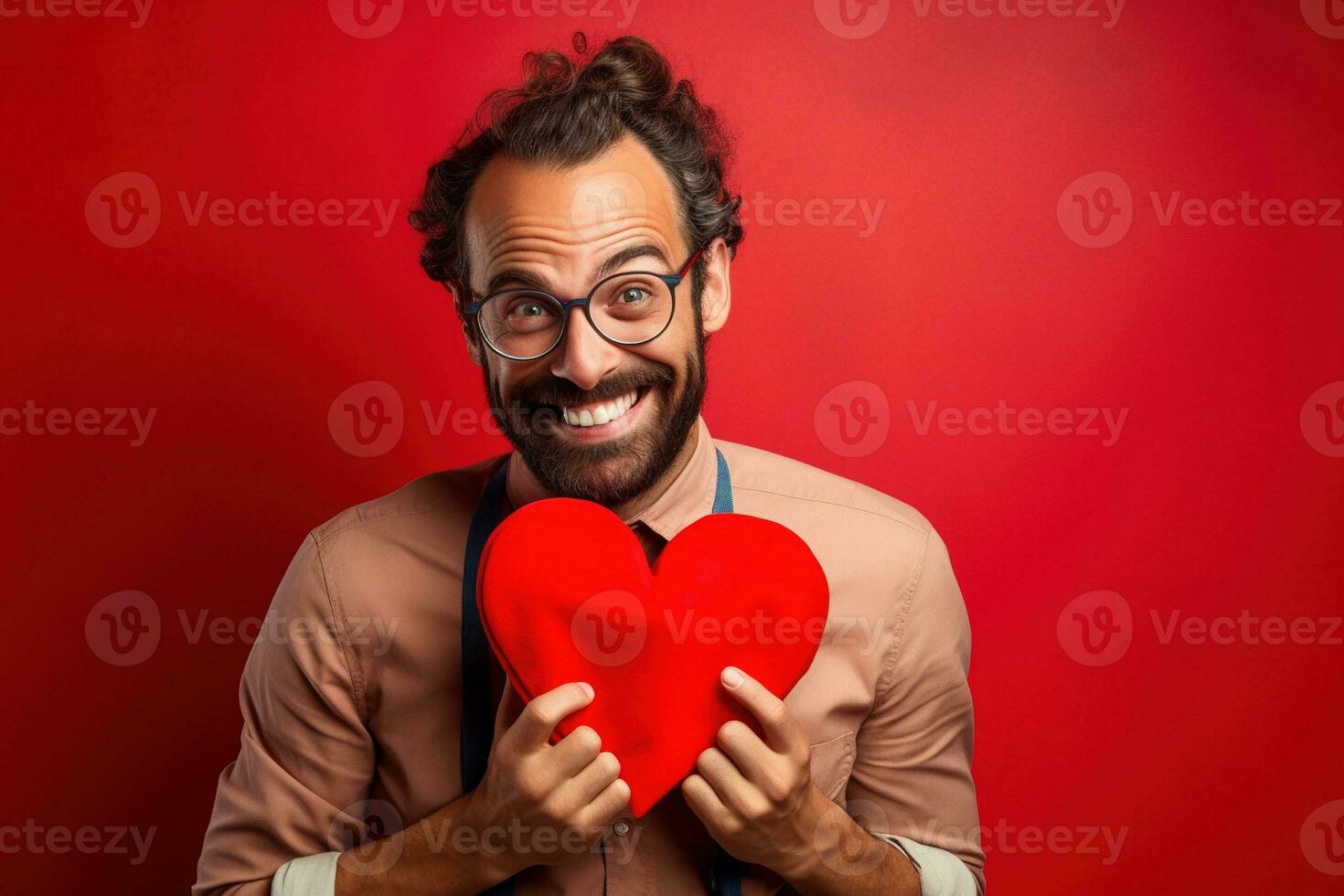 AI generated Portrait of a happy man with a red heart on Valentine's day concept. photo