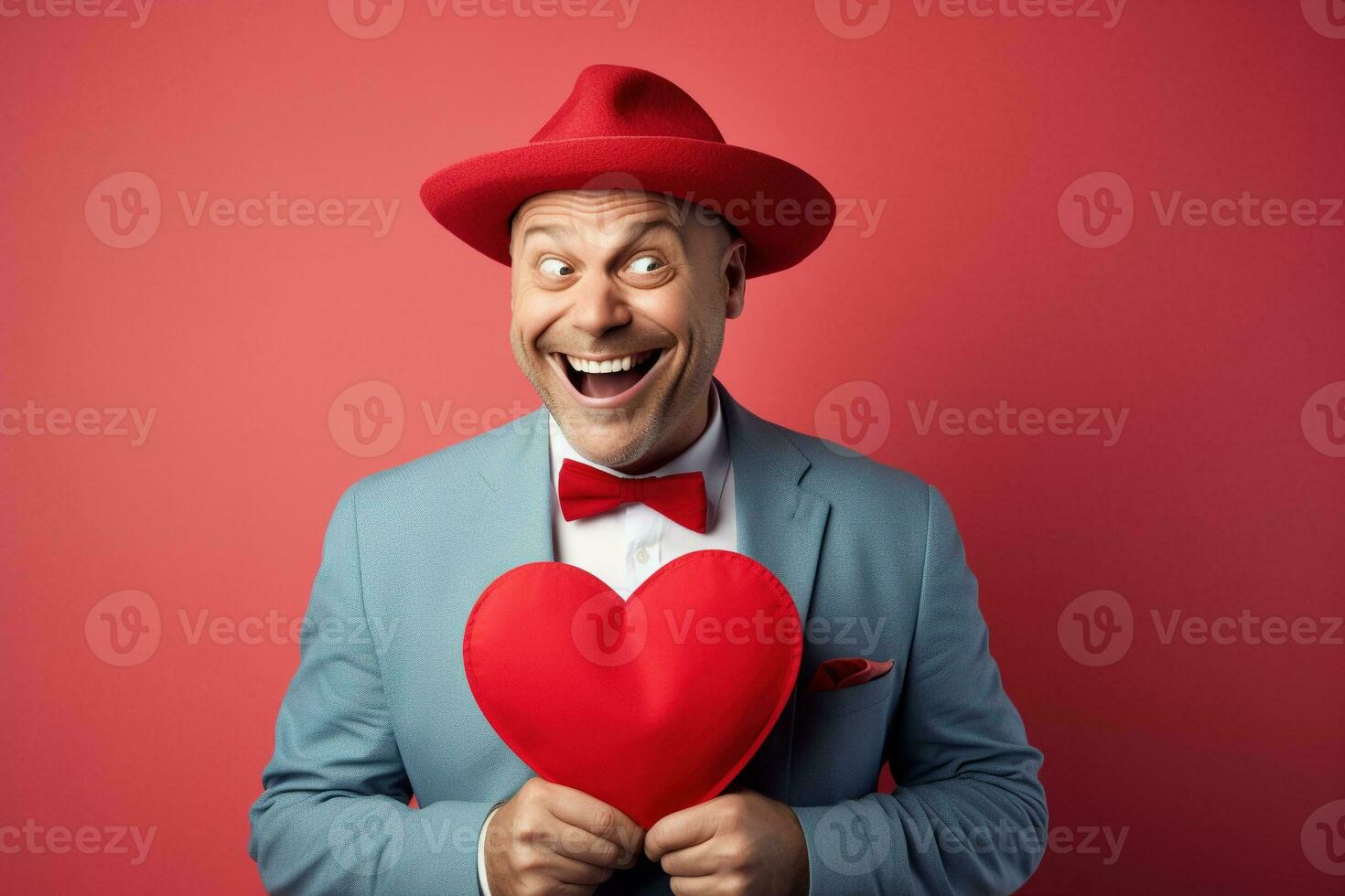 AI generated Portrait of a happy man with a red heart on Valentine's day concept. photo