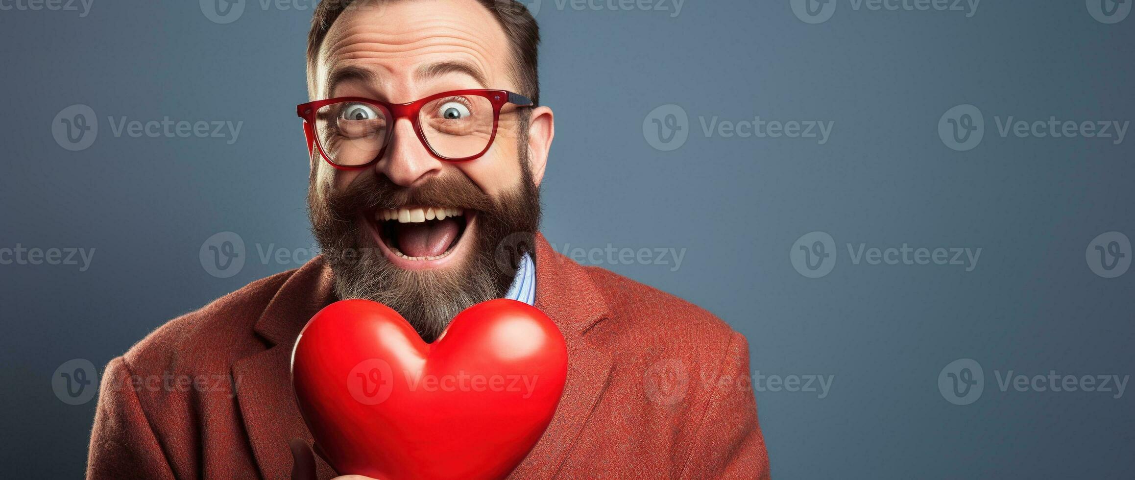 AI generated Portrait of a happy man with a red heart on Valentine's day concept. photo