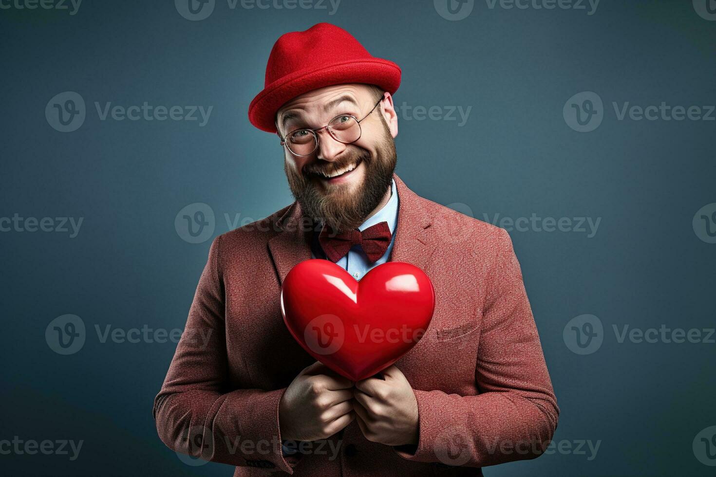 AI generated Portrait of a happy man with a red heart on Valentine's day concept. photo