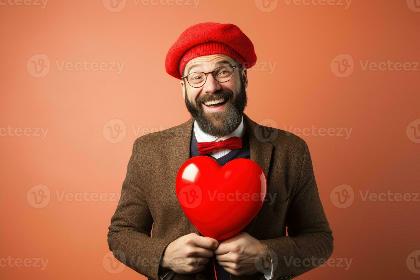 AI generated Portrait of a happy man with a red heart on Valentine's day concept. photo