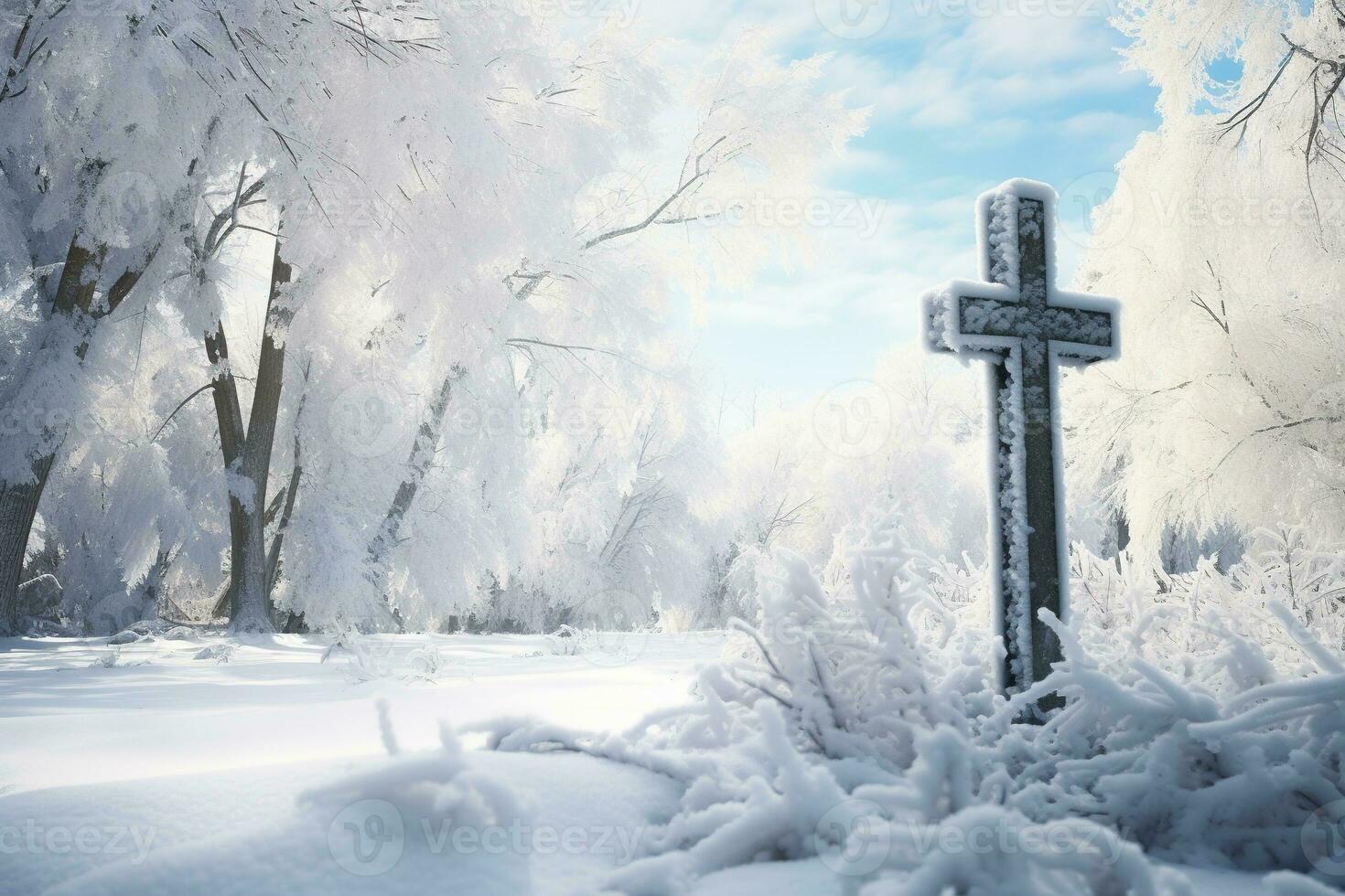 ai generado cruzar en el invierno bosque. cristiano cruzar en el Nevado bosque. foto