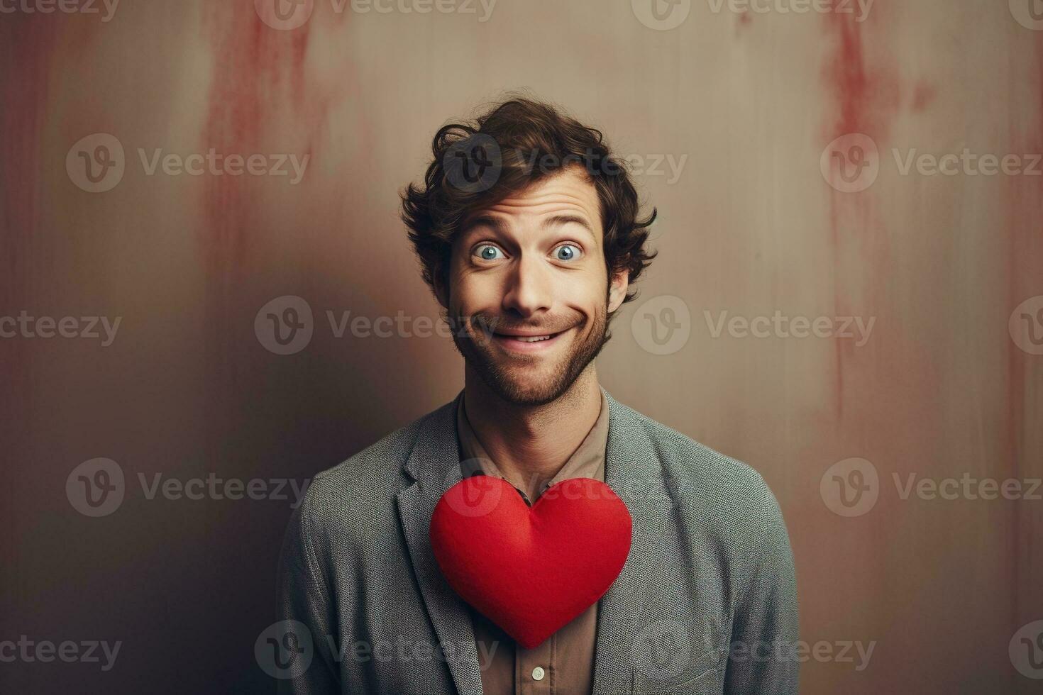 AI generated Portrait of a happy man with a red heart on Valentine's day concept. photo