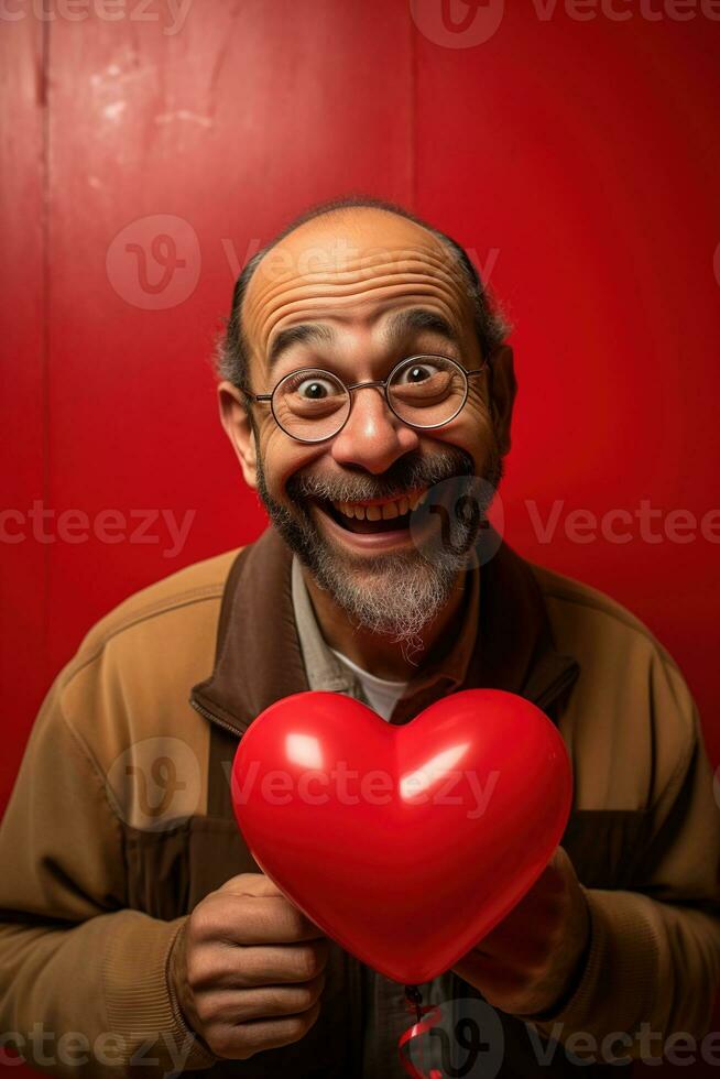 AI generated Portrait of a happy man with a red heart on Valentine's day concept. photo