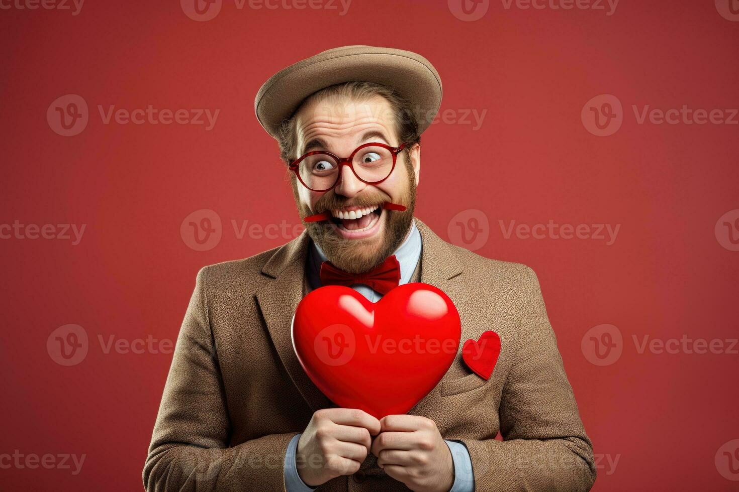 AI generated Portrait of a happy man with a red heart on Valentine's day concept. photo