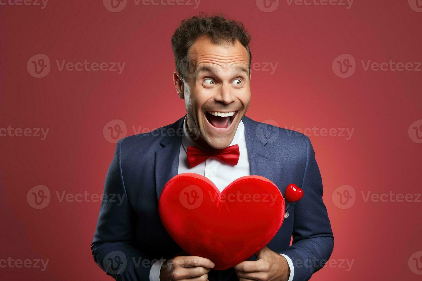 AI generated Portrait of a happy man with a red heart on Valentine's day concept. photo