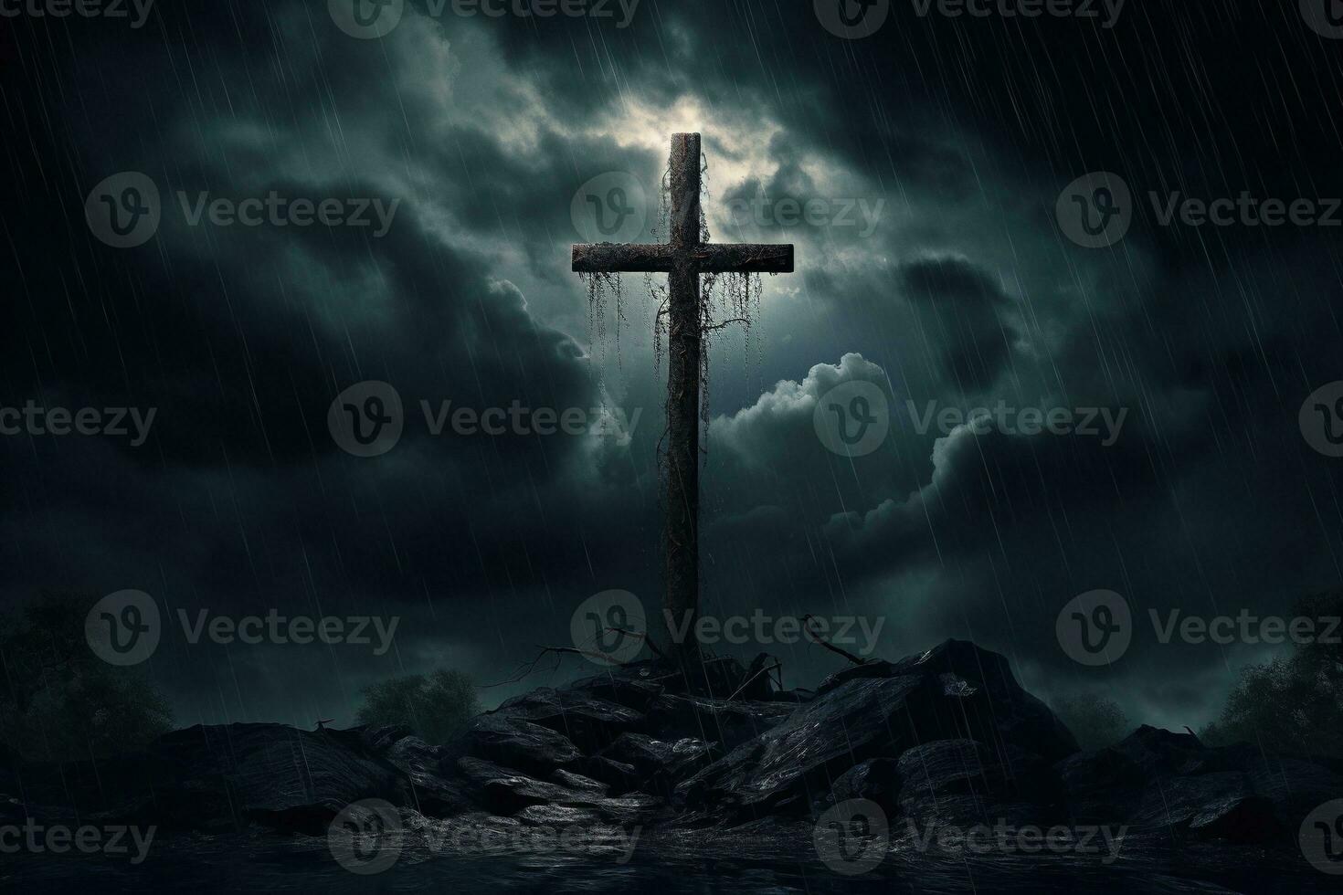 AI generated Cross in the dark with stormy sky photo