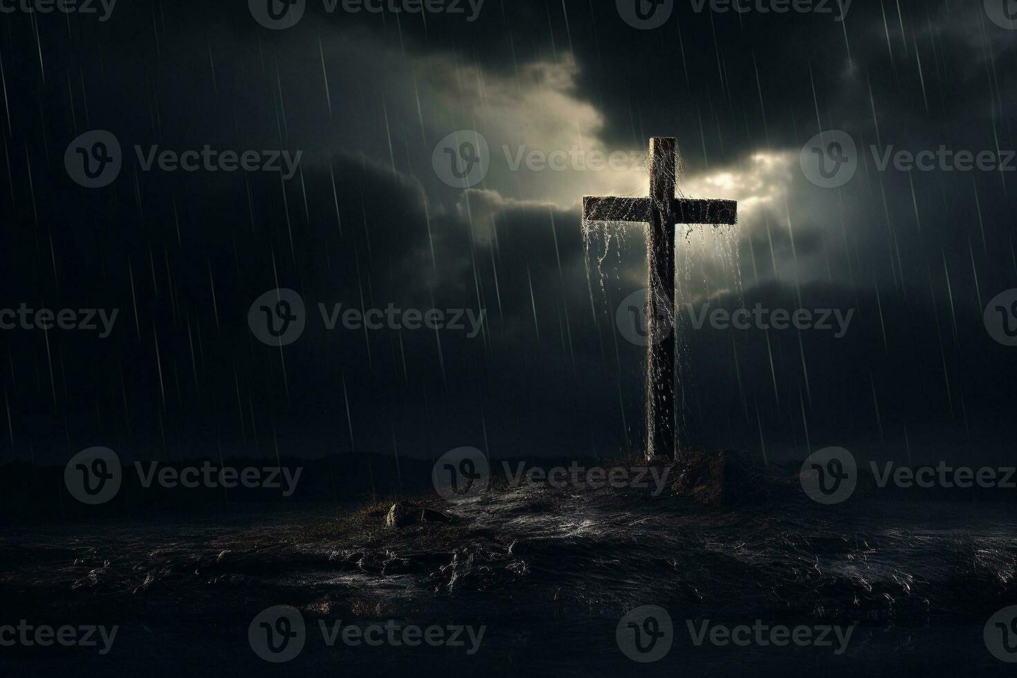 AI generated Cross in the dark with stormy sky photo