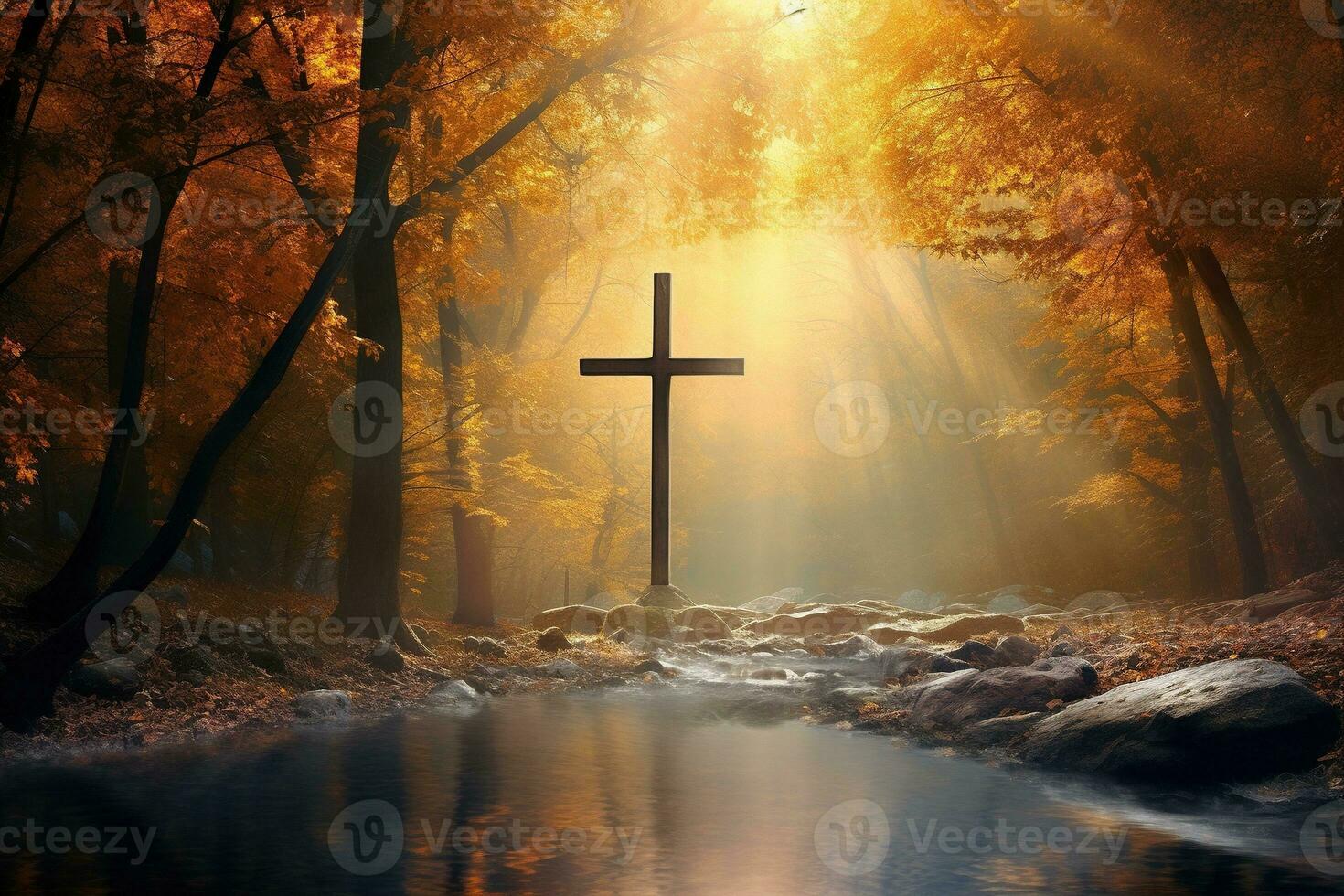 AI generated Cross in the forest with sun rays coming through the trees photo