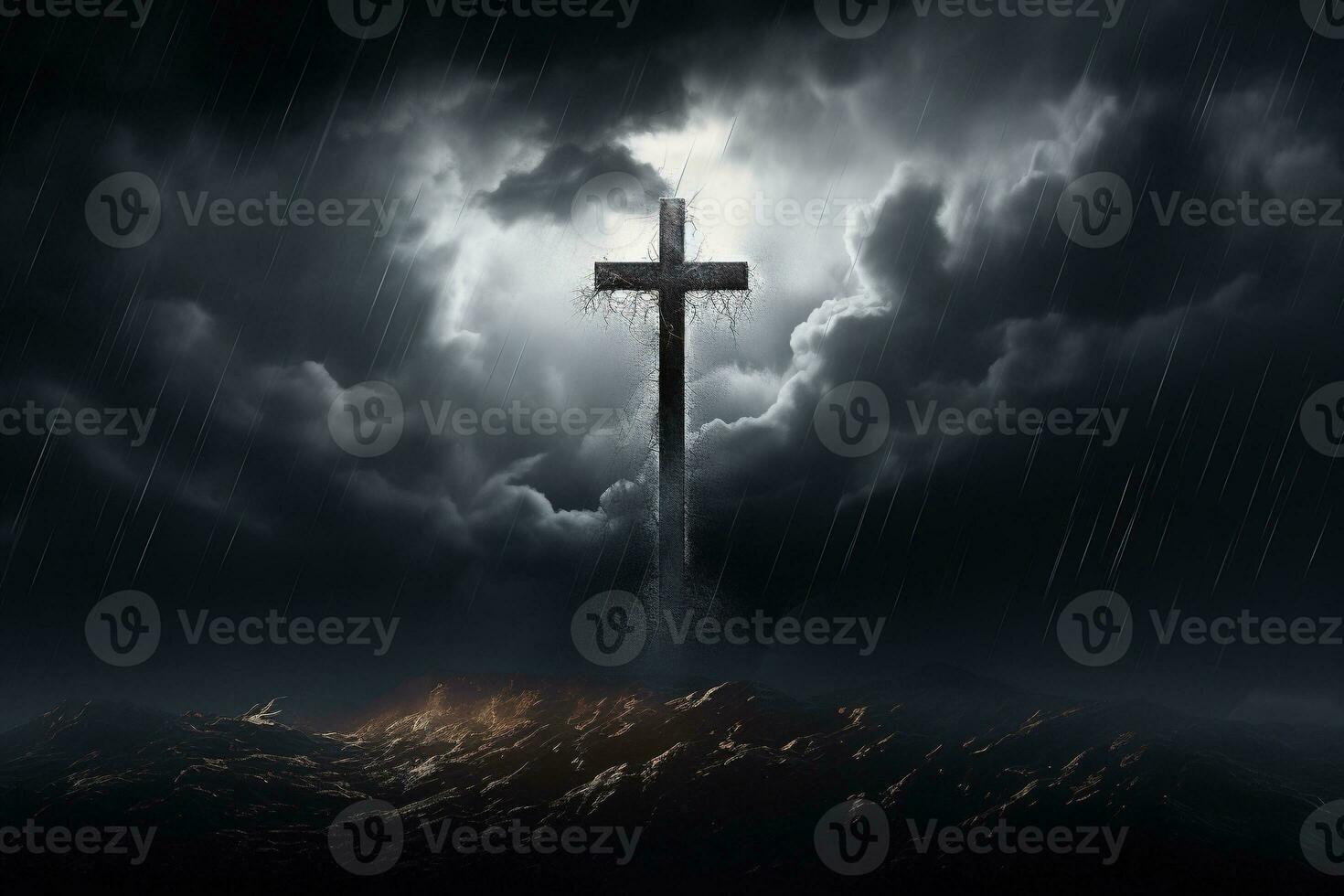 AI generated Cross in the dark with stormy sky photo