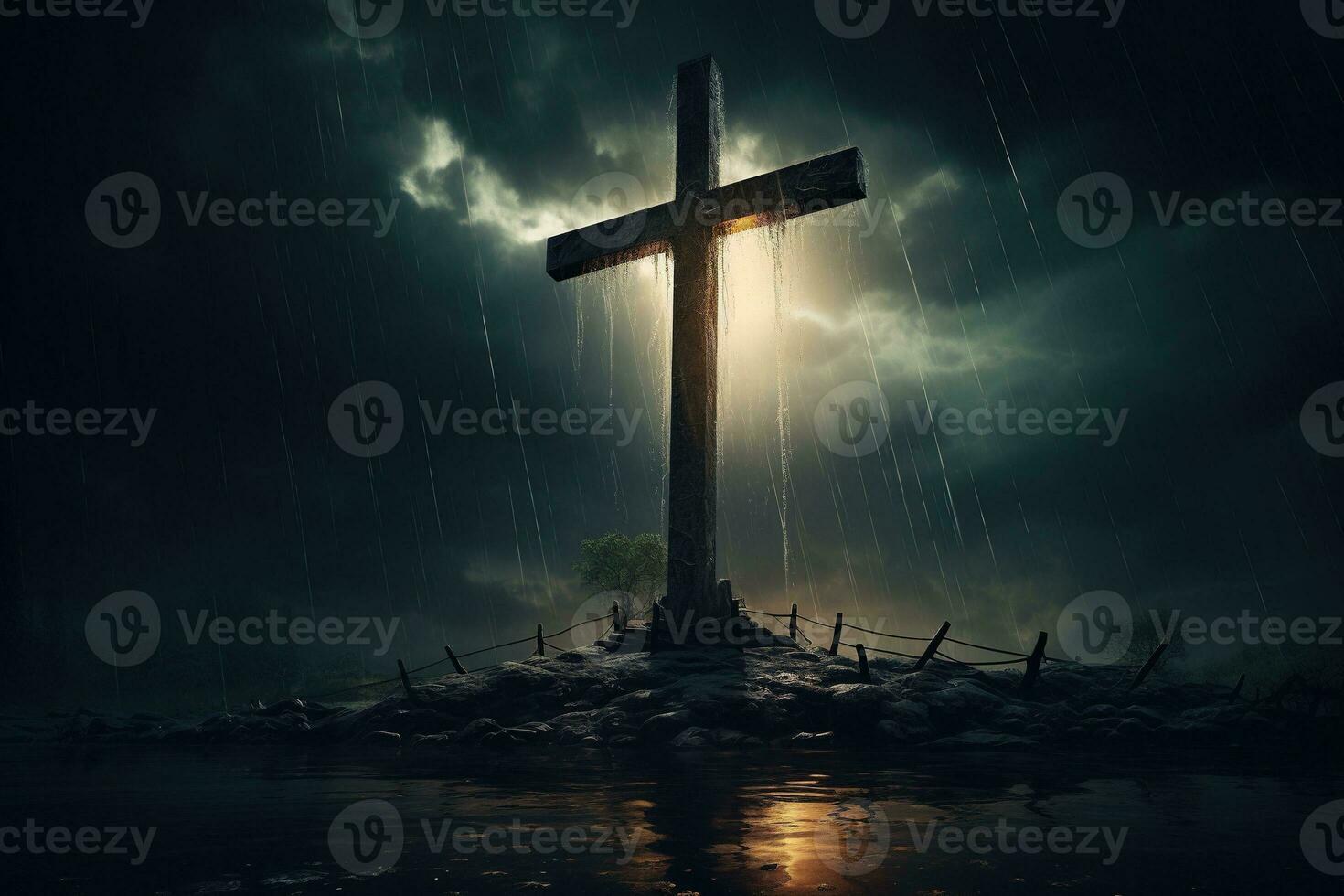 AI generated Cross in the dark with stormy sky photo