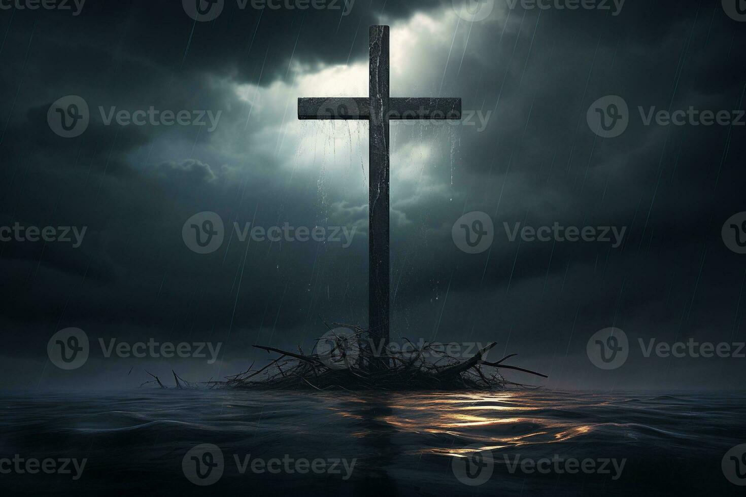 AI generated Cross in the dark with stormy sky photo