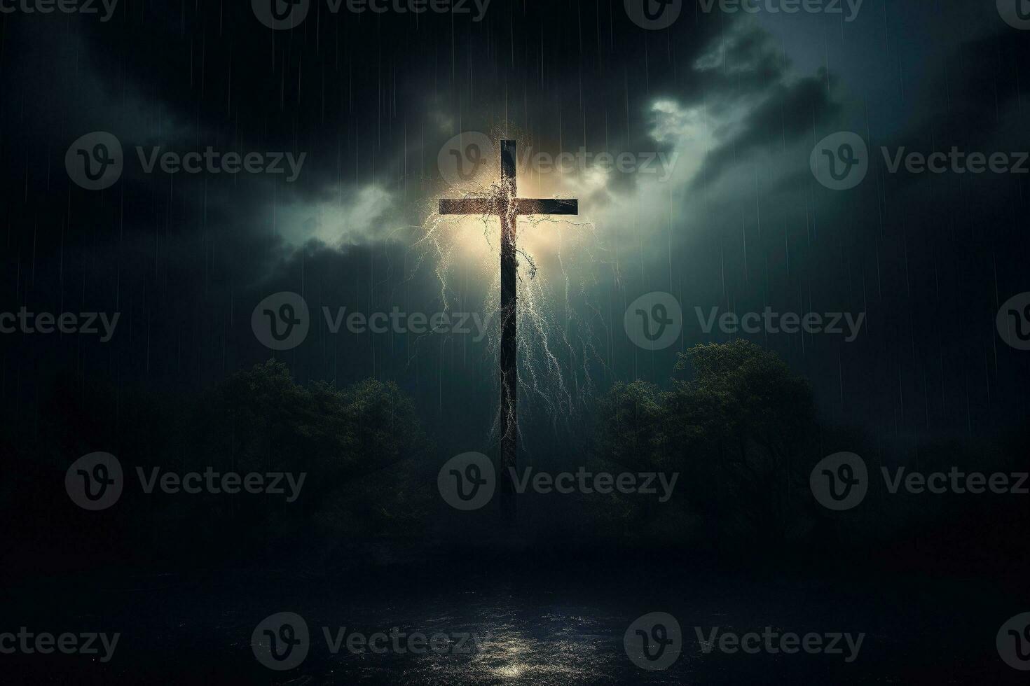 AI generated Cross in the dark with stormy sky photo
