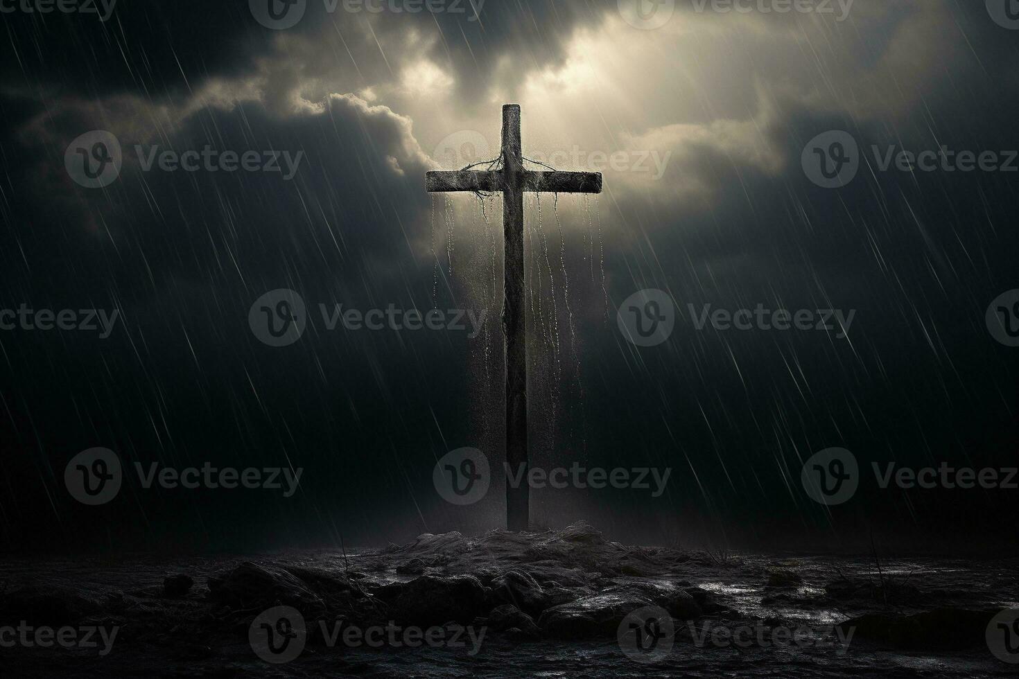 AI generated Cross in the dark with stormy sky photo