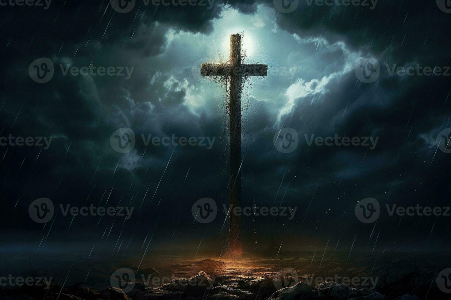 AI generated Cross in the dark with stormy sky photo