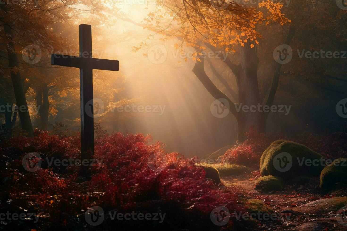 AI generated Cross in the forest with sun rays coming through the trees photo