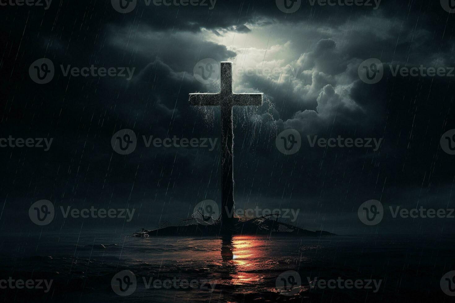 AI generated Cross in the dark with stormy sky photo