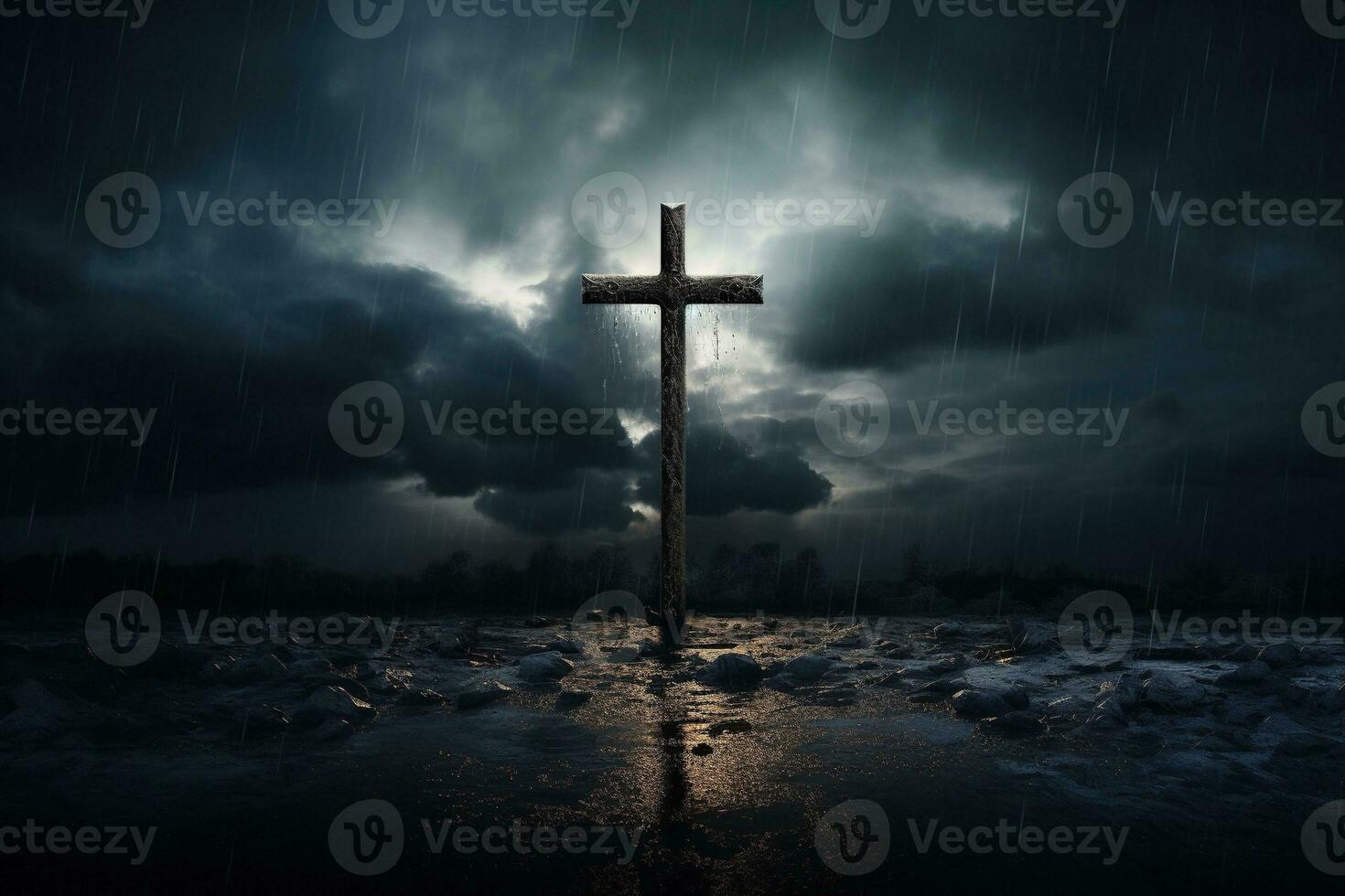 AI generated Cross in the dark with stormy sky photo