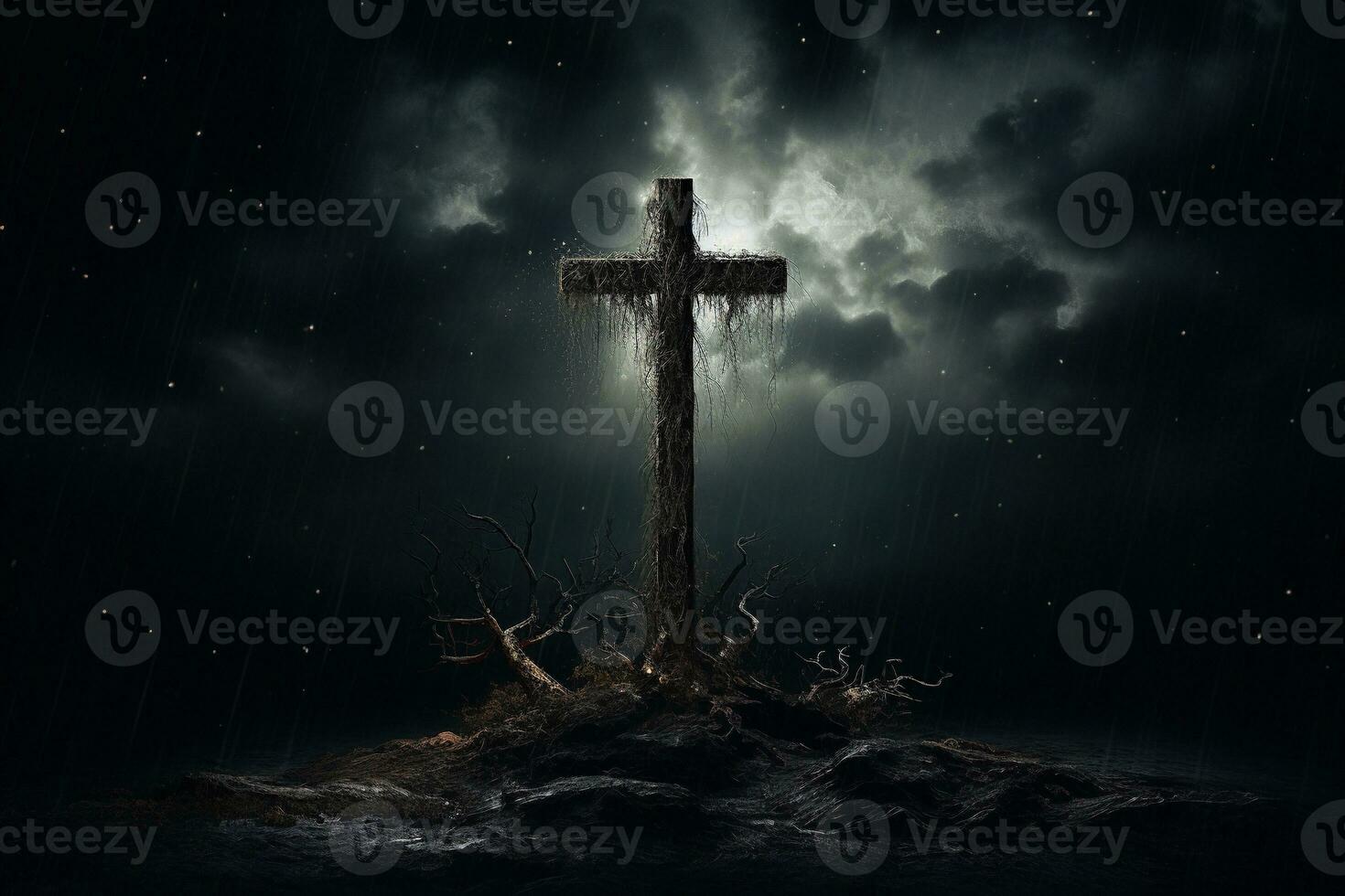 AI generated Cross in the dark with stormy sky photo