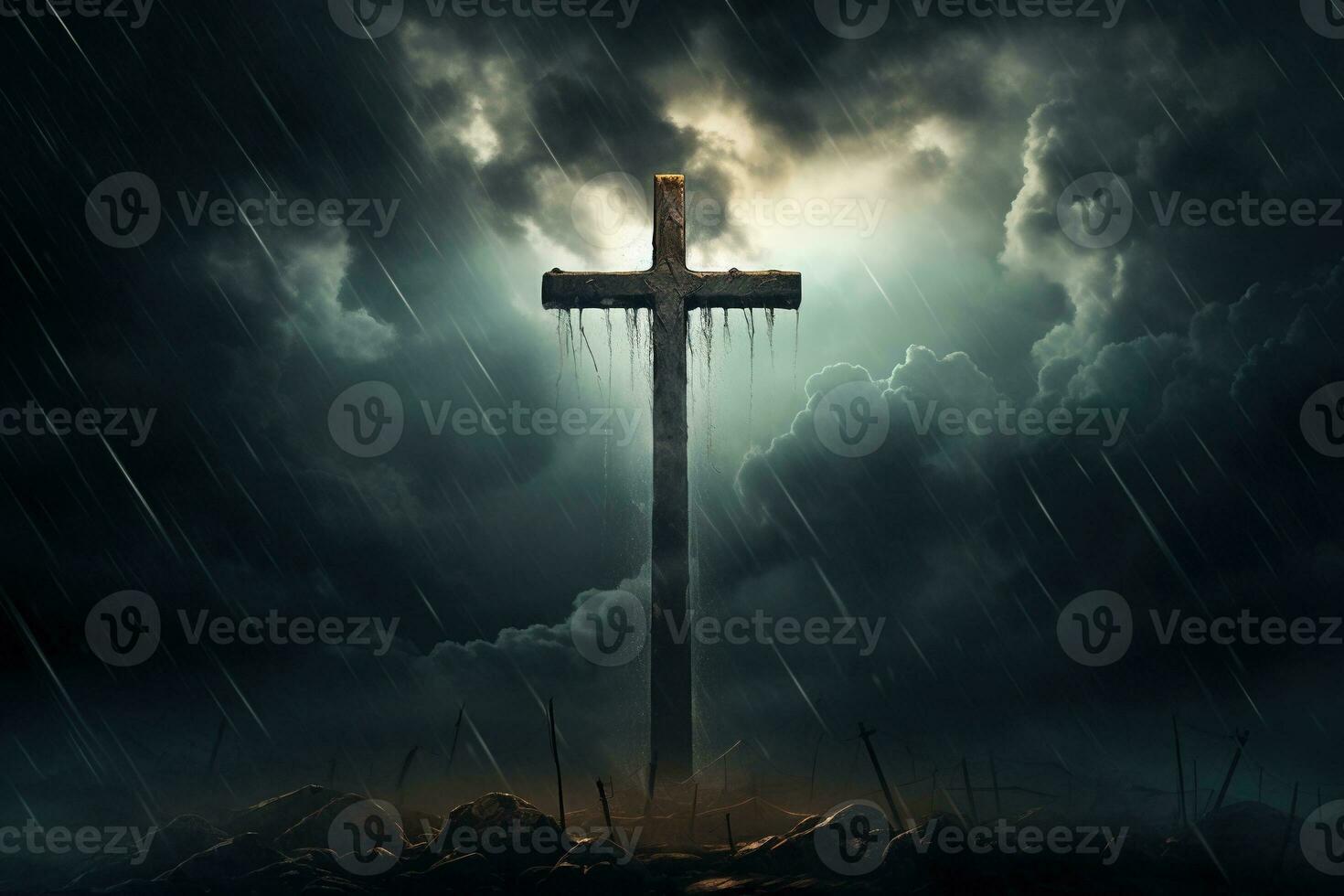 AI generated Cross in the dark with stormy sky photo