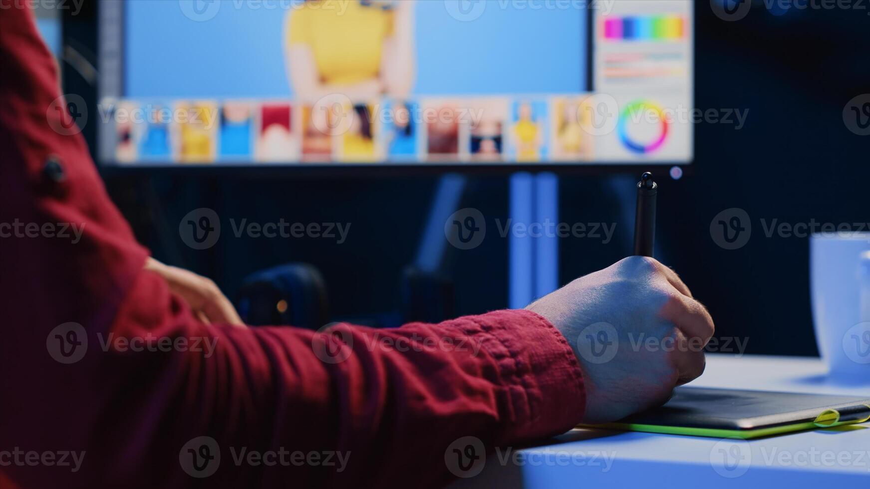 Photo editor working in independent production company using professional graphic tablet. Photographer adjusting white balance on overexposed pictures on touchscreen device using stylus, close up