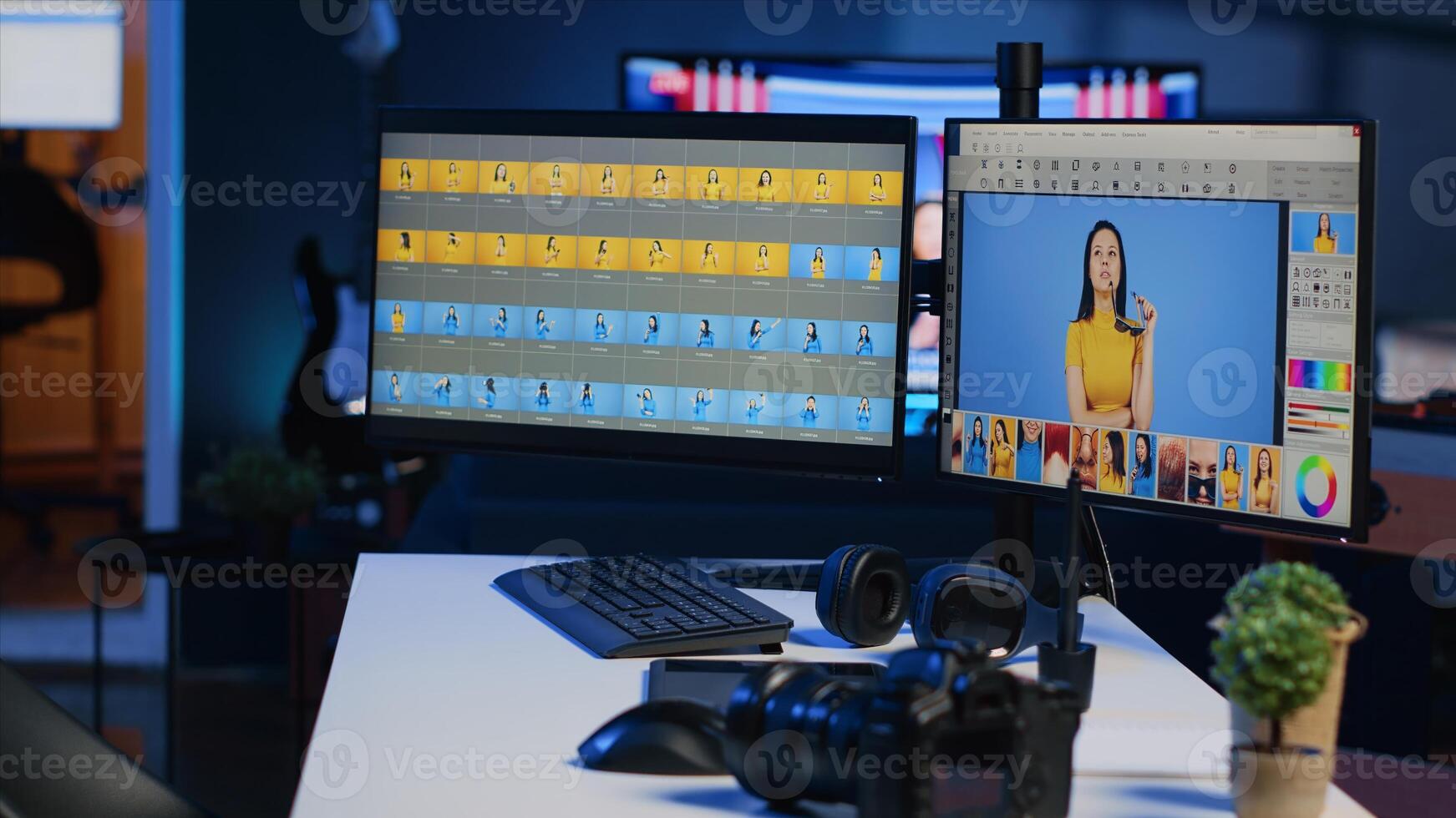 Freelancer personal studio desk with computer screens used for photo processing, graphic tablet and professional camera. Photography gear on table used by photographer, panning shot