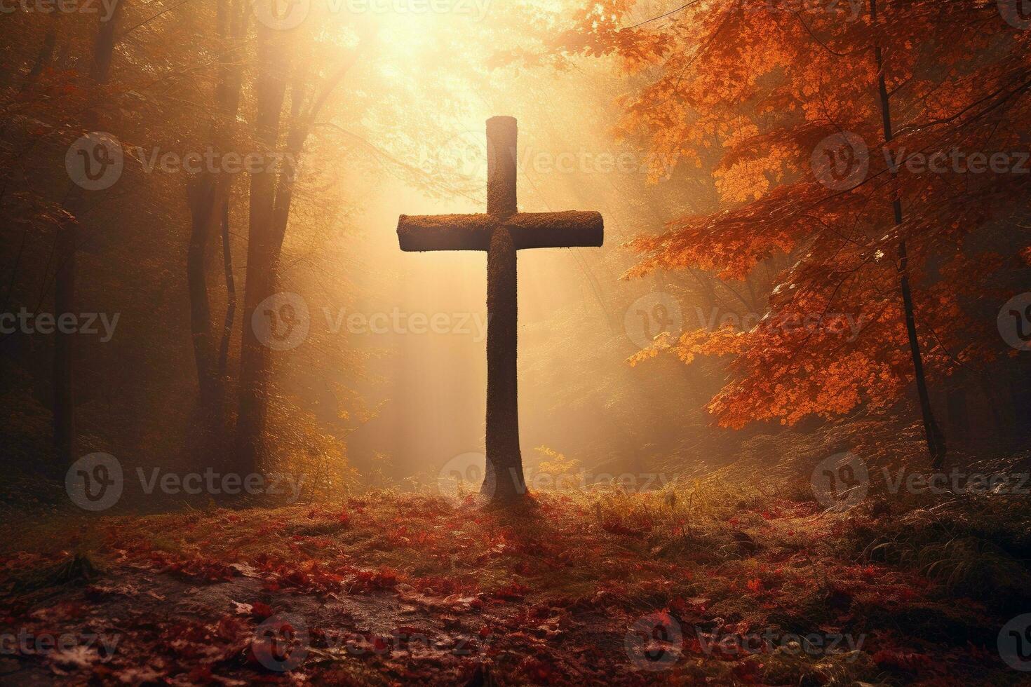 AI generated Cross in the forest with sun rays coming through the trees photo
