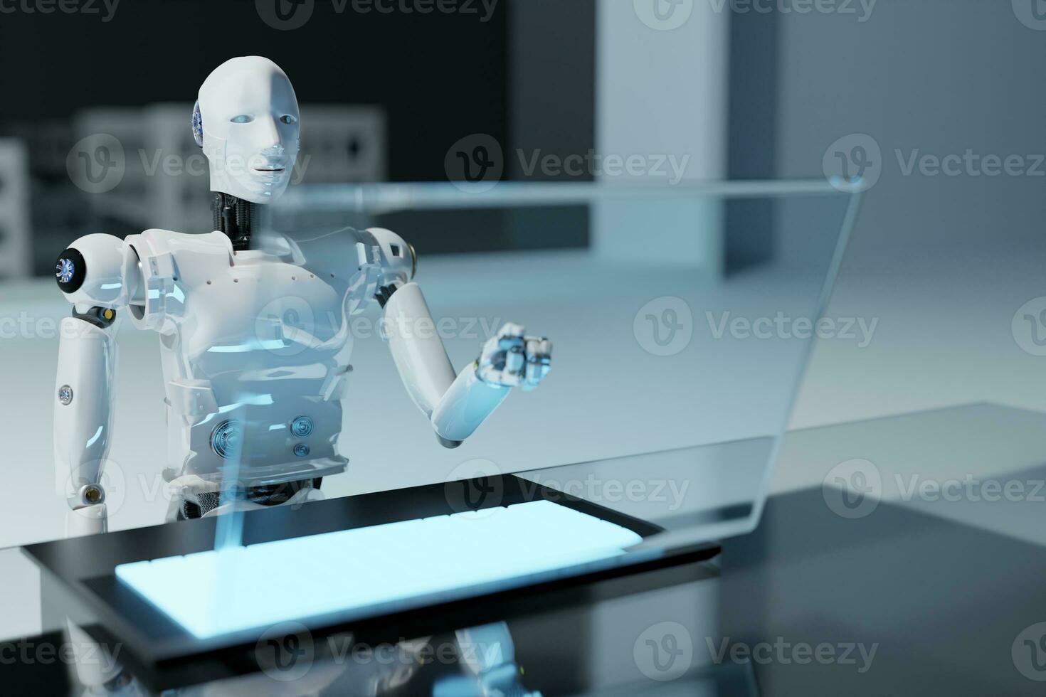 Robot chat computer in industry push UI interface 2024 technology AR application technology platform device laptop net hub networking screen display creative december development finance future photo