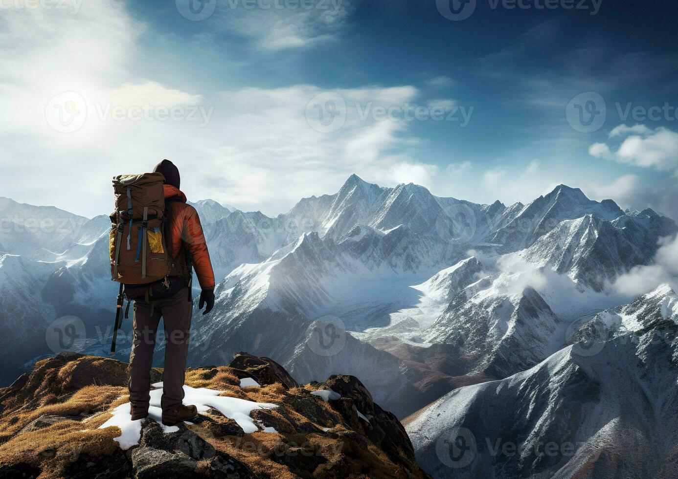 AI generated Hiker with a backpack on the top of a mountain. Generative AI. photo