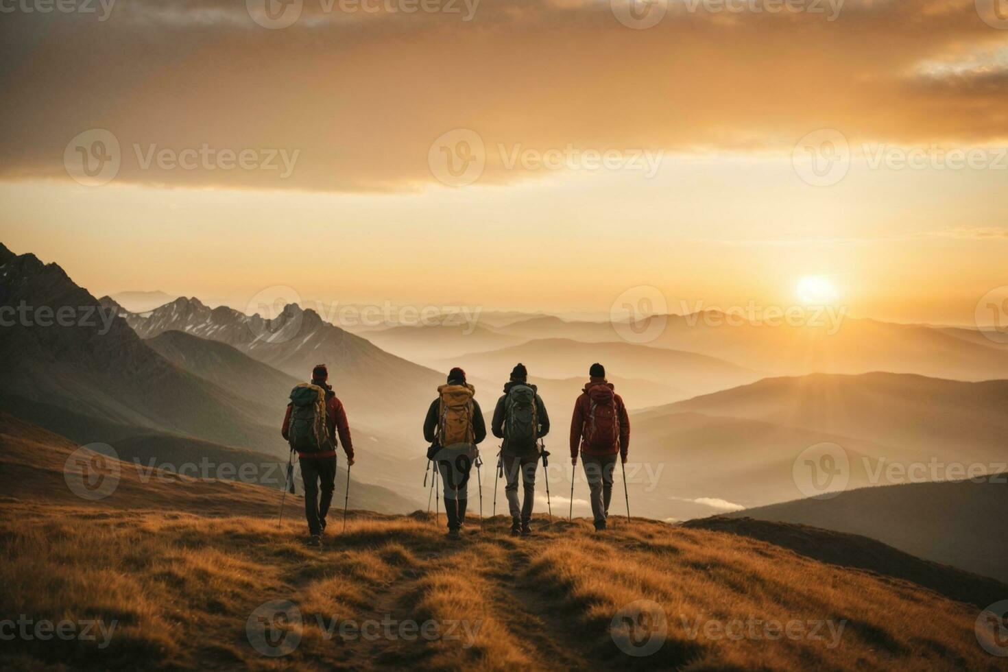 AI generated Group of hikers hiking in the mountains at sunset. Travel and adventure concept, AI Generative. photo