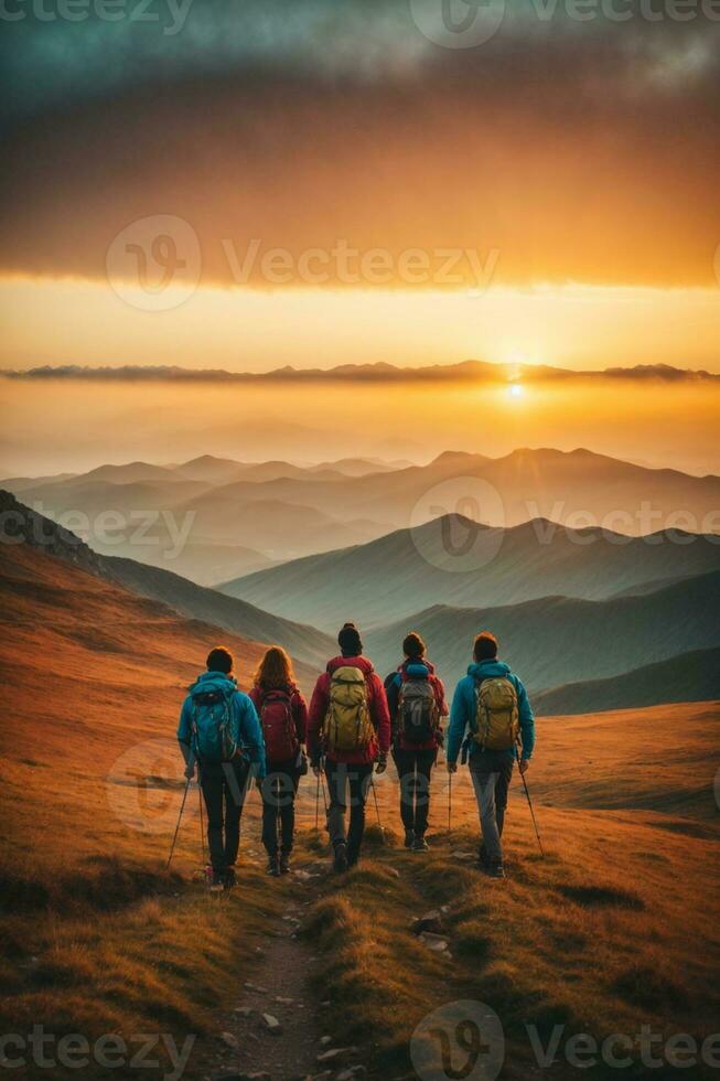 AI generated Group of hikers hiking in the mountains at sunset. Travel and adventure concept, AI Generative. photo