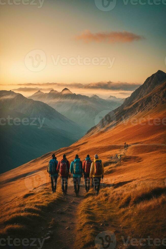 ai generado grupo de caminantes excursionismo en el montañas a puesta de sol. viaje y aventuras concepto, ai generativo. foto