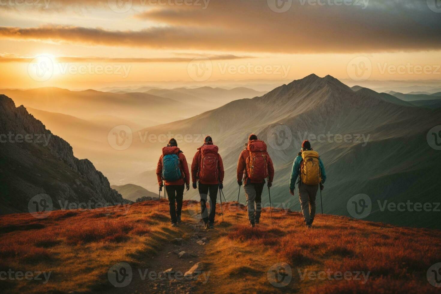 AI generated Group of hikers hiking in the mountains at sunset. Travel and adventure concept, AI Generative. photo