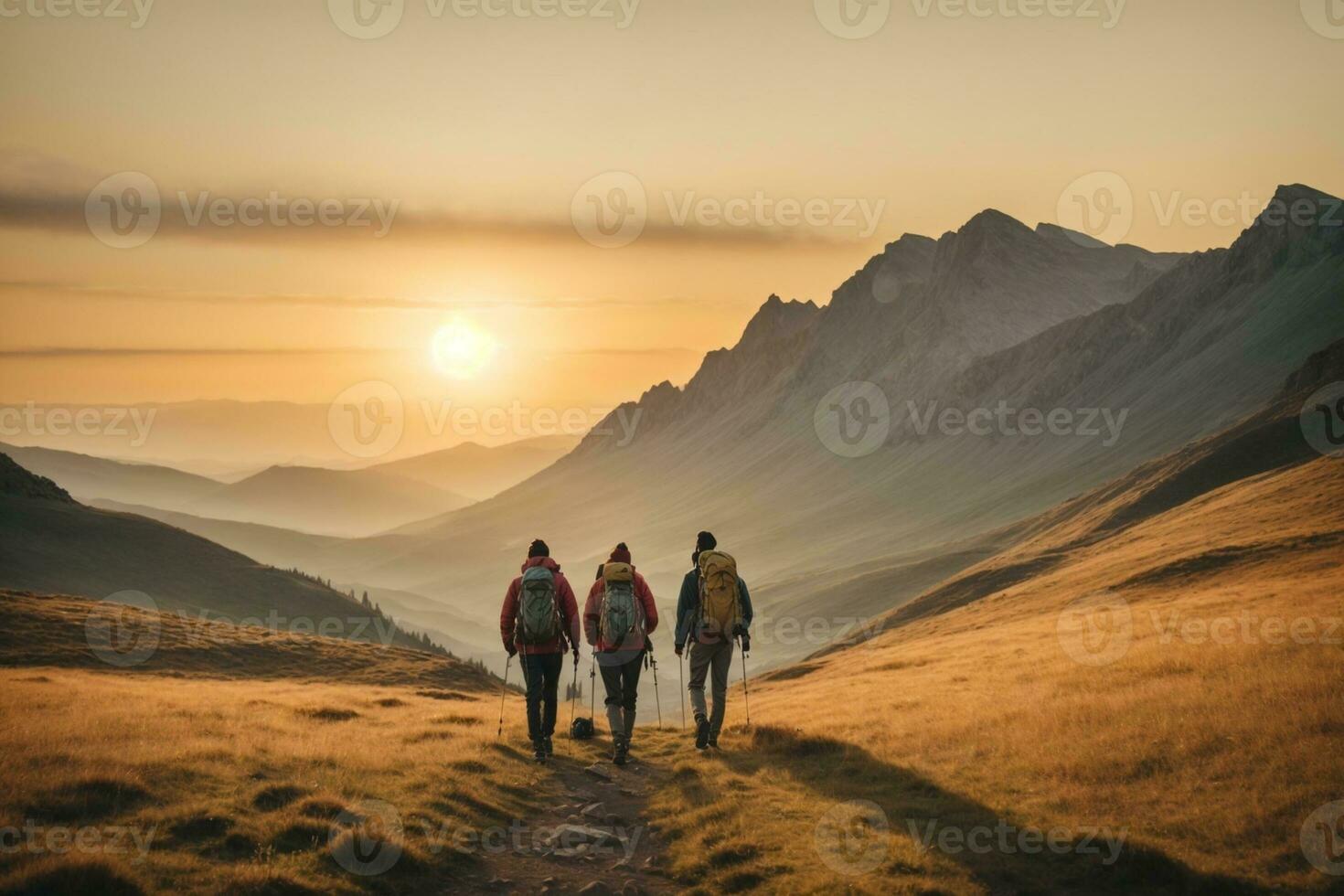 AI generated Group of hikers hiking in the mountains at sunset. Travel and adventure concept, AI Generative. photo