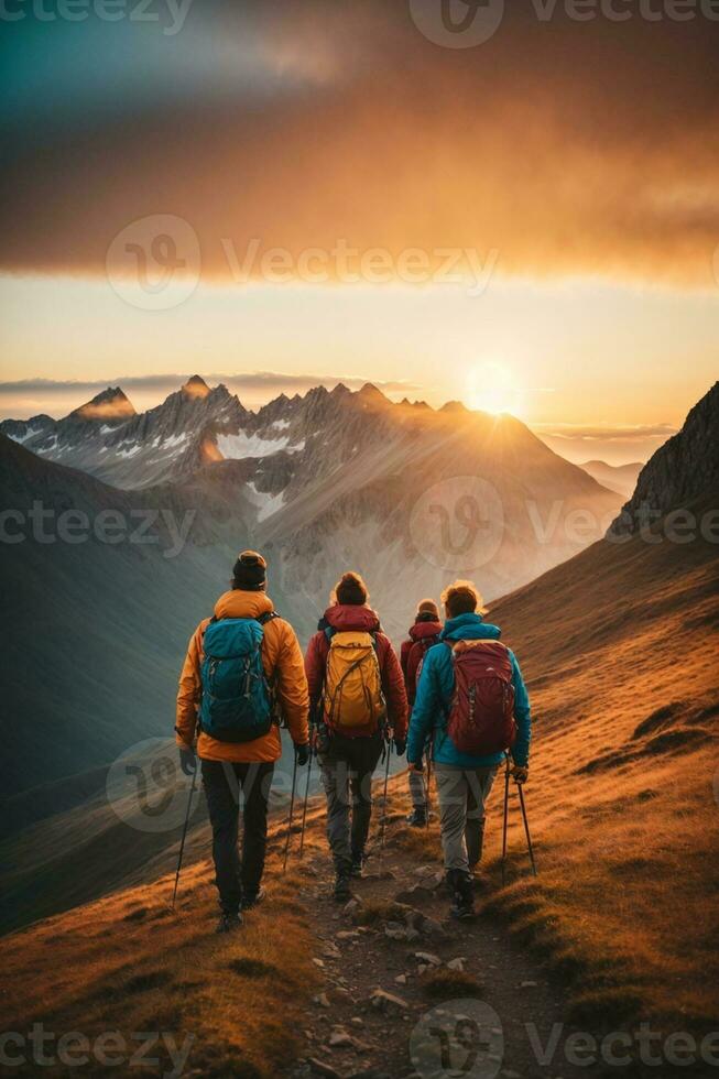 AI generated Group of hikers hiking in the mountains at sunset. Travel and adventure concept, AI Generative. photo