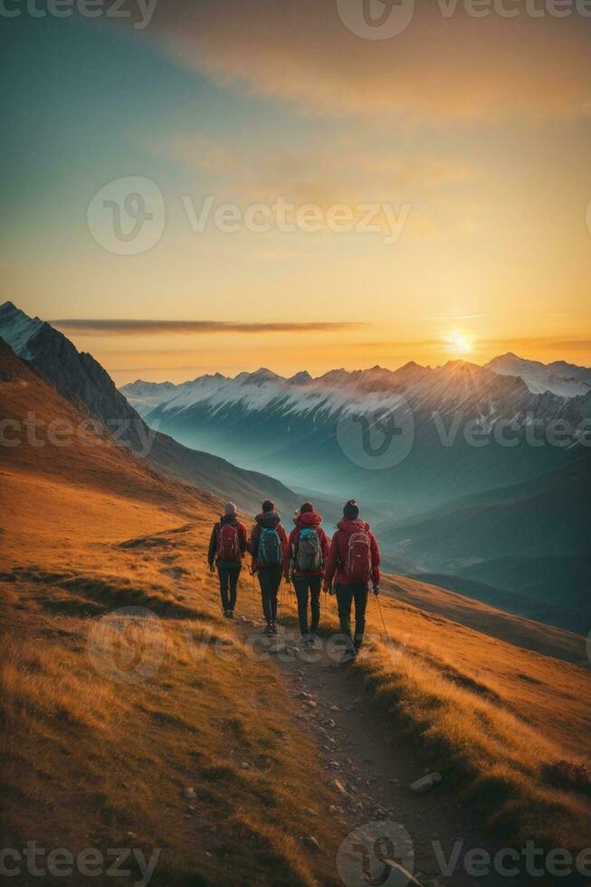 AI generated Group of hikers hiking in the mountains at sunset. Travel and adventure concept, AI Generative. photo